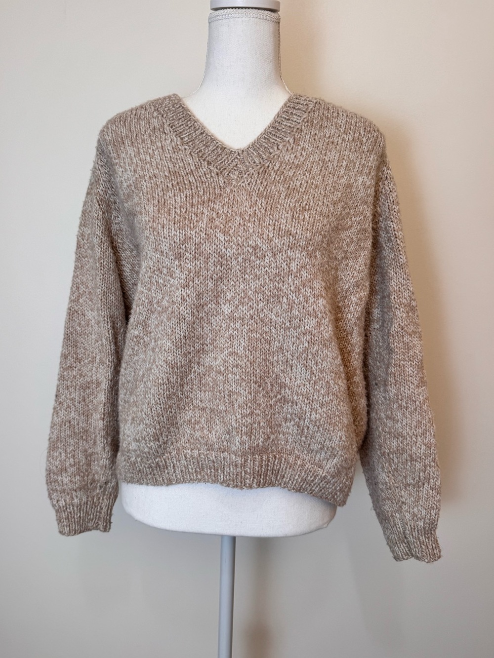 Hand Knit Oatmeal Marled V Neck Sweater M Chunky Wool Look Handmade